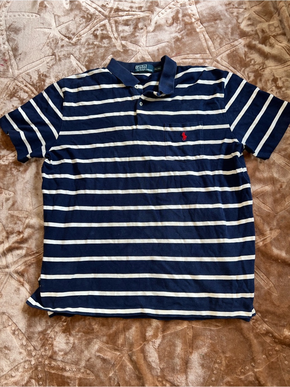 Ralph Lauren Navy and White Striped Polo with Red Pony